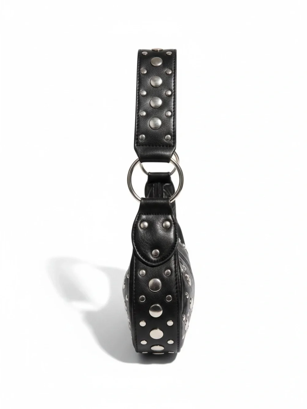 Black Faux Leather Studded Hobo Shoulder Bag